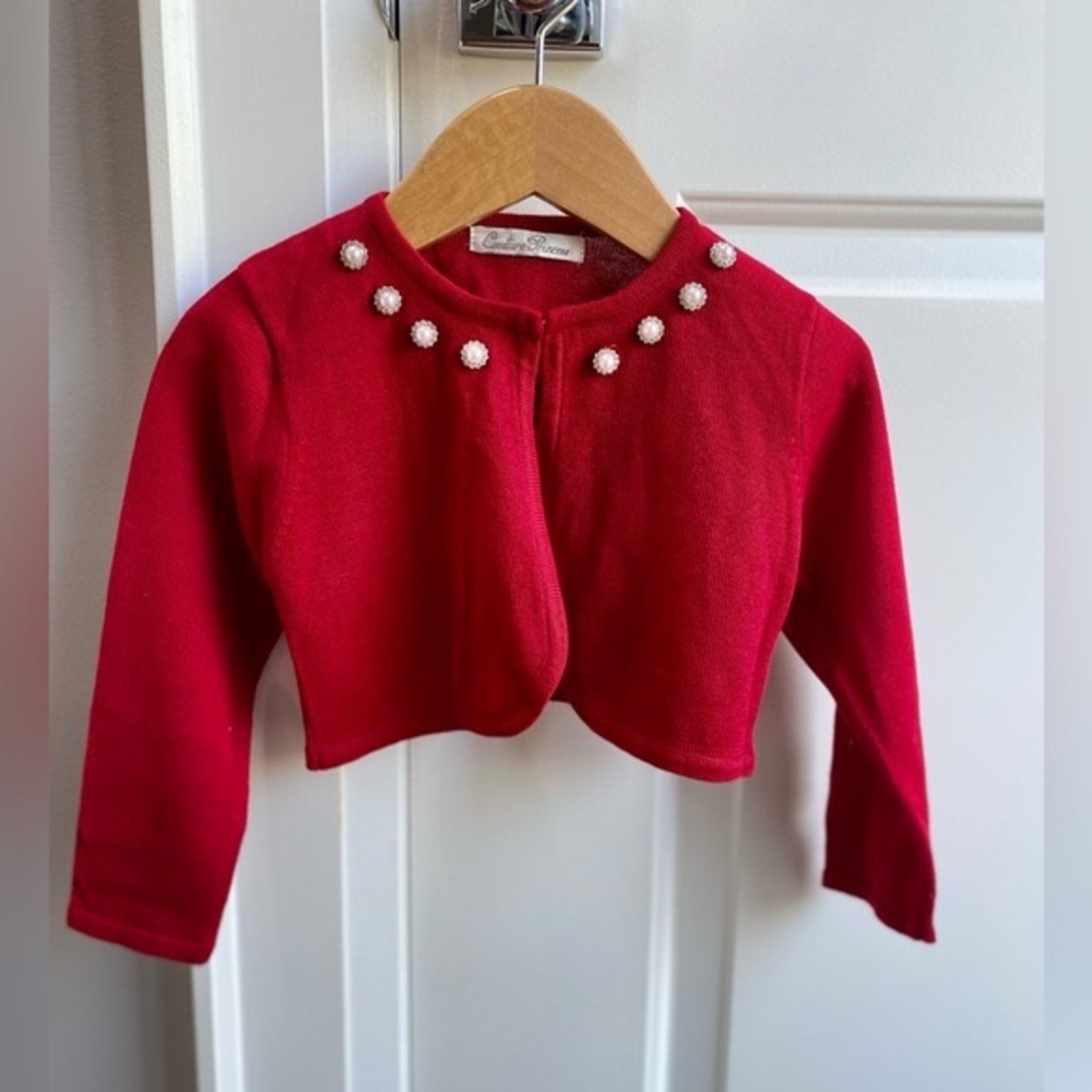 Red open front cardigan w/pearl and rhinestone detailing on collar - Size:3T